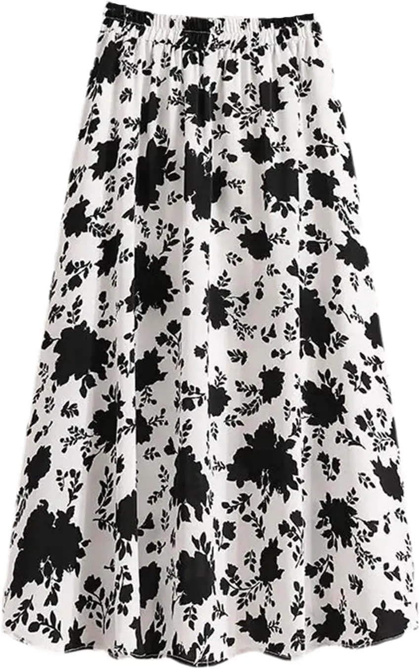 Women's Ruffles Printing A-Line Skirt Summer Elastic Waist Casual Slim Skirt