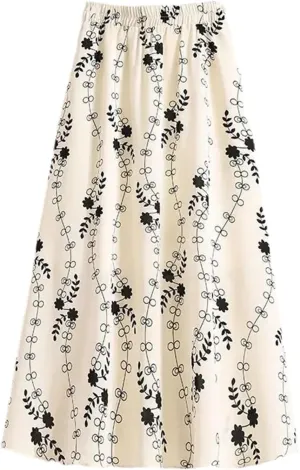 Women's Ruffles Printing A-Line Skirt Summer Elastic Waist Casual Slim Skirt