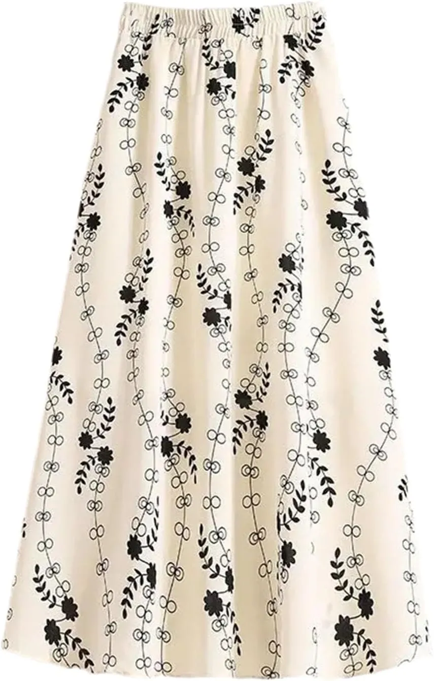 Women's Ruffles Printing A-Line Skirt Summer Elastic Waist Casual Slim Skirt