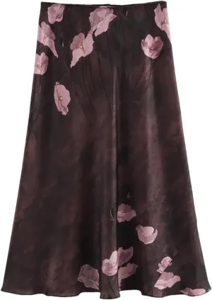 Women's Satin A-Line Skirt Women Ruched Ruffles Floral Midi Skirt