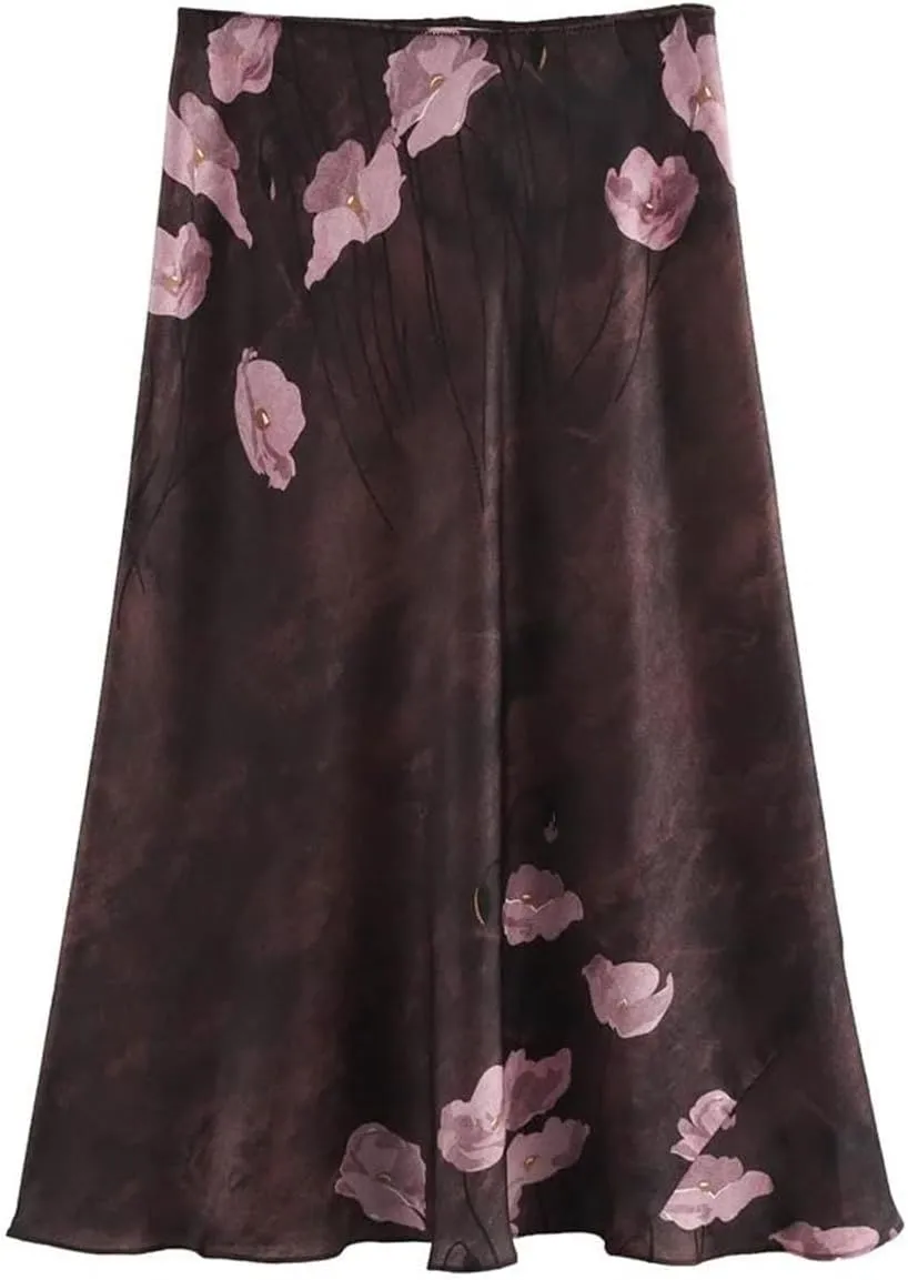 Women's Satin A-Line Skirt Women Ruched Ruffles Floral Midi Skirt