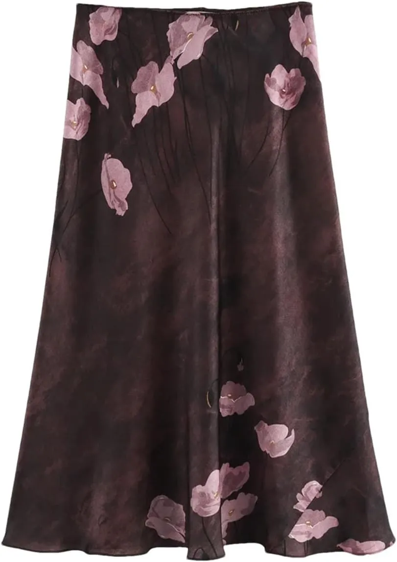 Women's Satin A-Line Skirt Women Ruched Ruffles Floral Midi Skirt