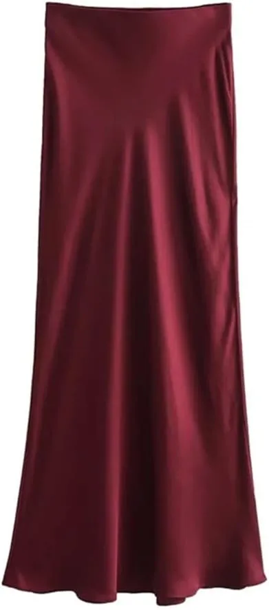 Women's Satin High Waist Casual Midi Skirt Women's Solid Color Slim Fit Midi Skirt