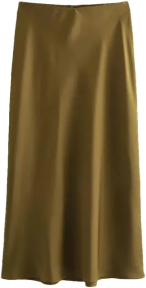 Women's Satin High Waist Casual Midi Skirt Women's Solid Color Slim Fit Midi Skirt