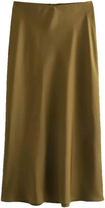 Women's Satin High Waist Casual Midi Skirt Women's Solid Color Slim Fit Midi Skirt