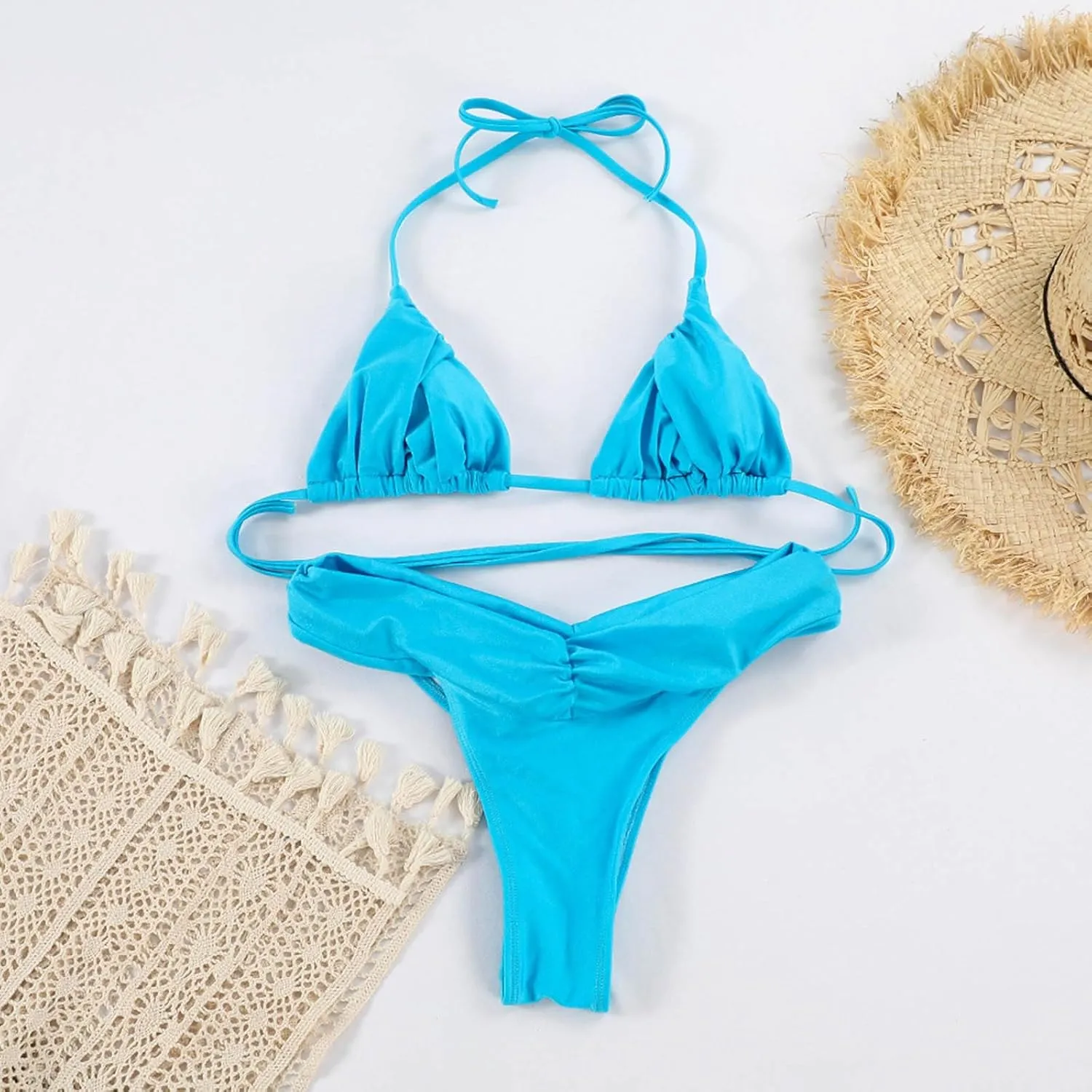 Women's Sexy Triangle Bikini Sets Two Piece Crinkle Swimsuit Solid Color Tummy Control Bathing Suits Fashion 2025