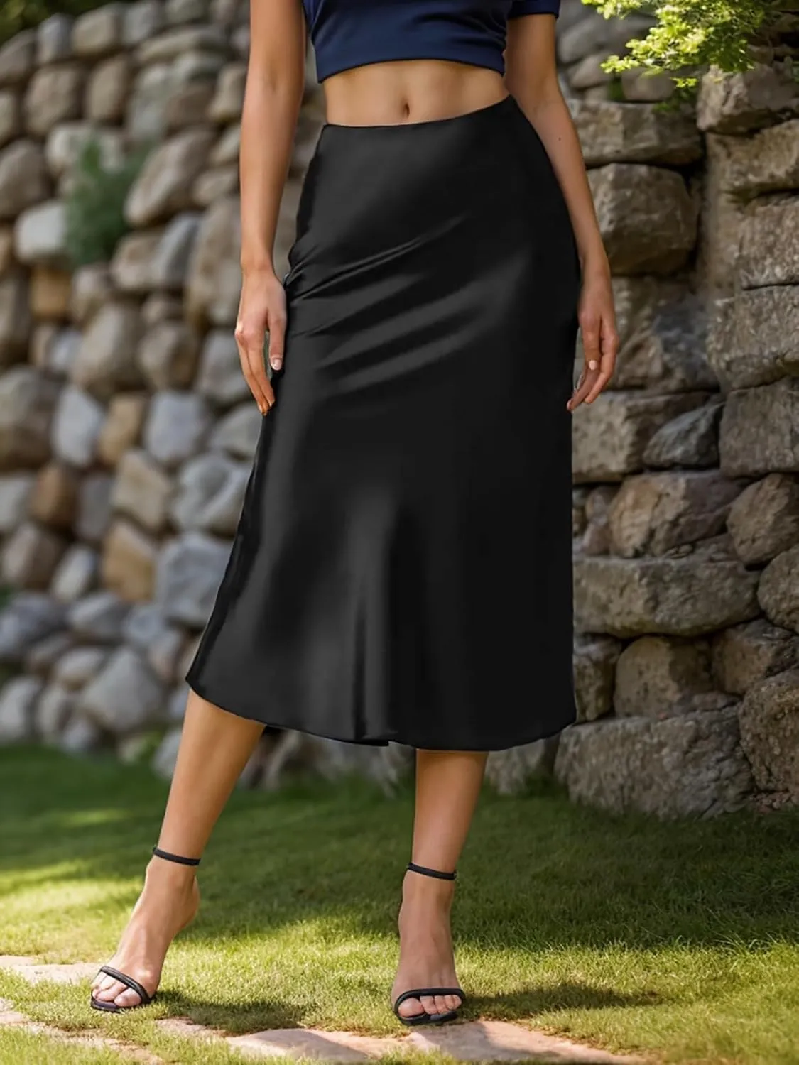 Womens Silky Satin Midi Skirt High Waist Elastic Waist A Line Skirt