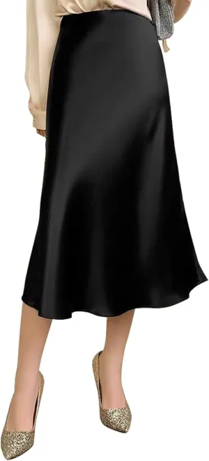 Womens Silky Satin Midi Skirt High Waist Elastic Waist A Line Skirt