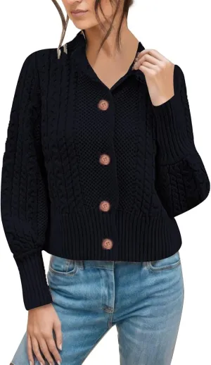 Women's Single Breasted Short Sweater Slim Fit Solid Color Knitted Cardigan Cardigan Sweater Cable (04-Black, One Size)