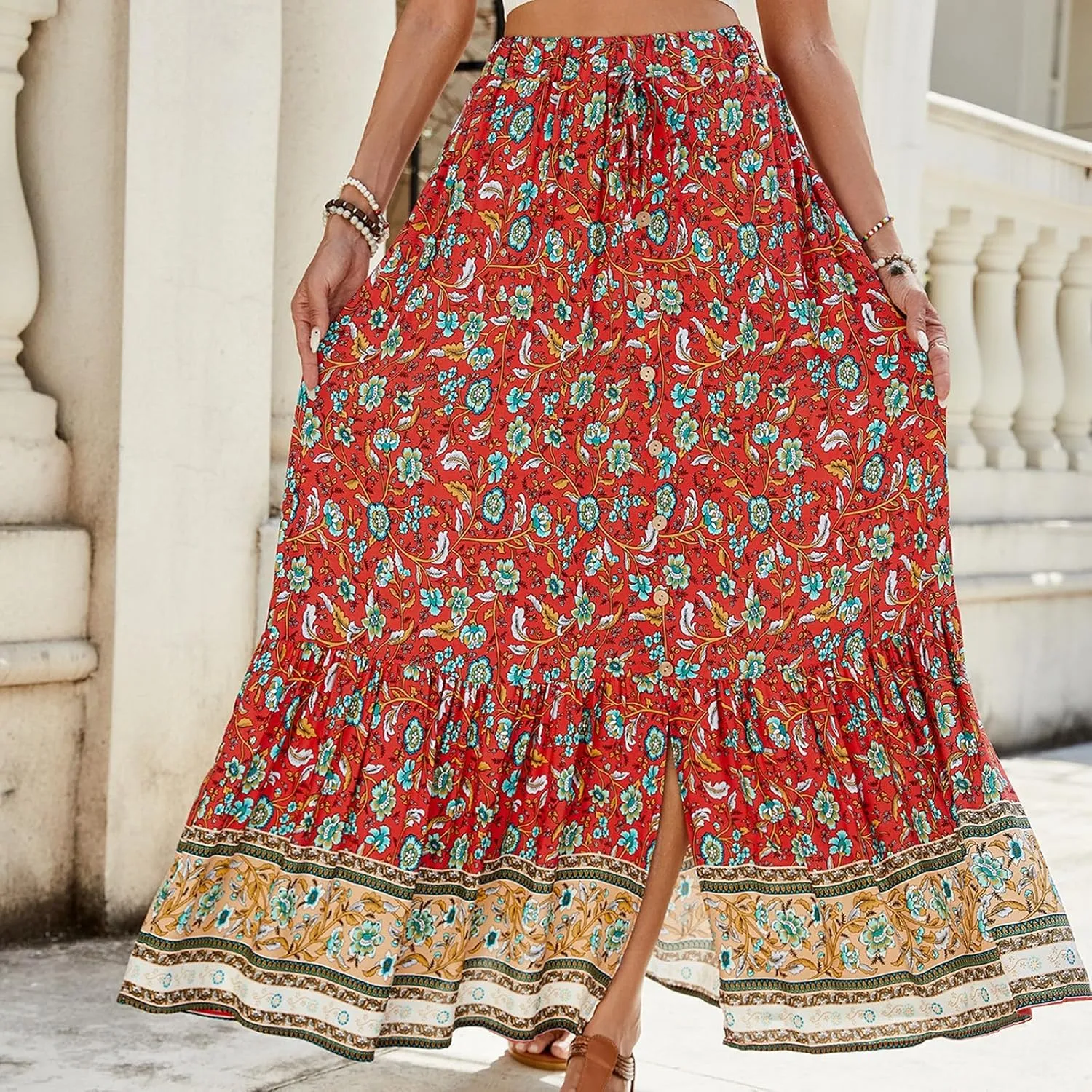 Womens Skirts,Bohemian Flowy Maxi Skirts for Women 2025 Trendy Long Boho Skirt Summer Wrap Drawstring Tiered