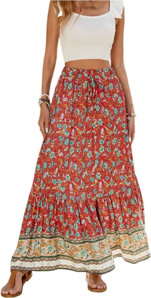 Womens Skirts,Bohemian Flowy Maxi Skirts for Women 2025 Trendy Long Boho Skirt Summer Wrap Drawstring Tiered