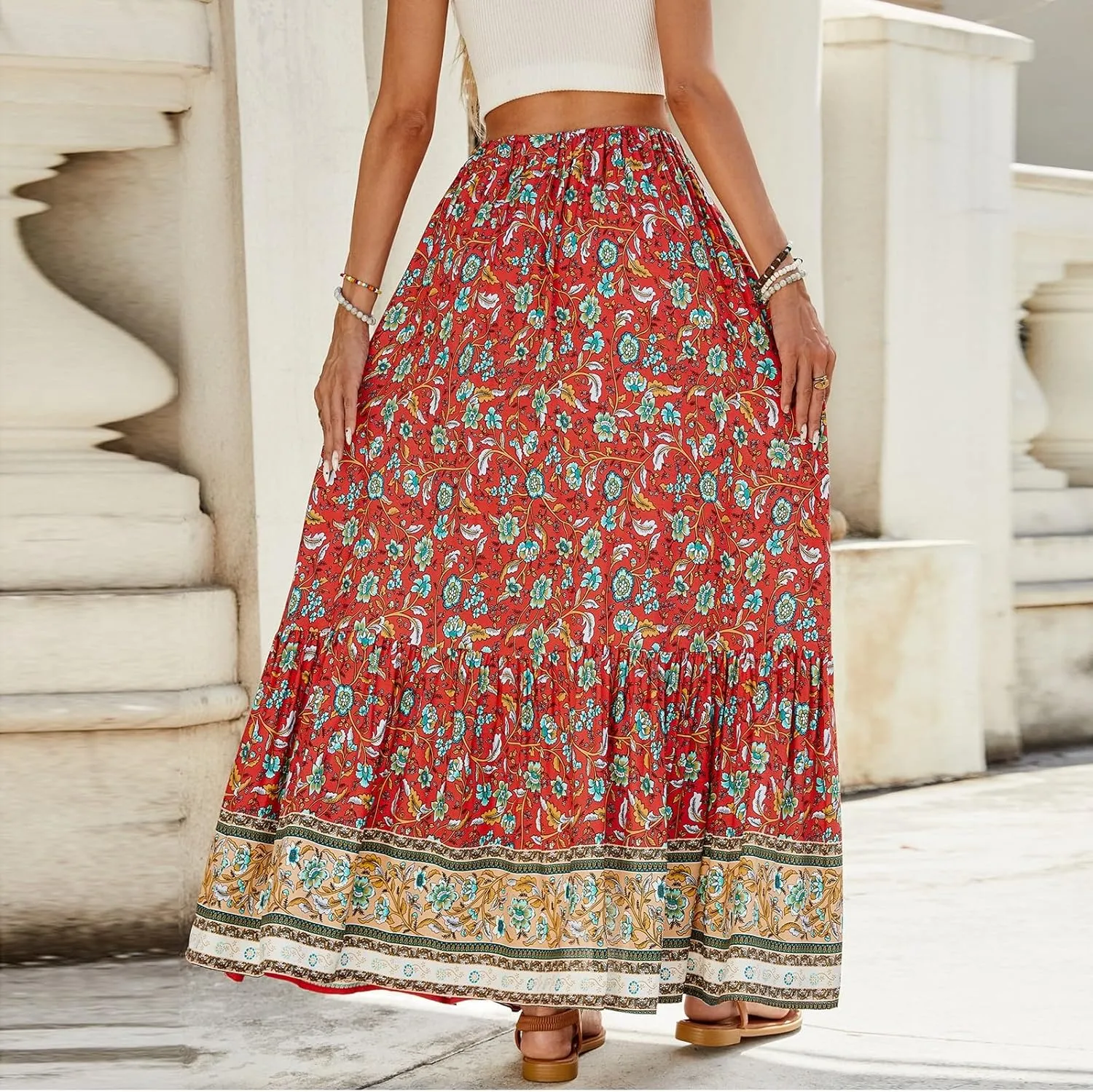 Womens Skirts,Bohemian Flowy Maxi Skirts for Women 2025 Trendy Long Boho Skirt Summer Wrap Drawstring Tiered