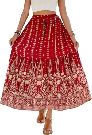 Womens Skirts,Bohemian Flowy Maxi Skirts for Women 2025 Trendy Long Boho Skirt Summer Wrap Drawstring Tiered