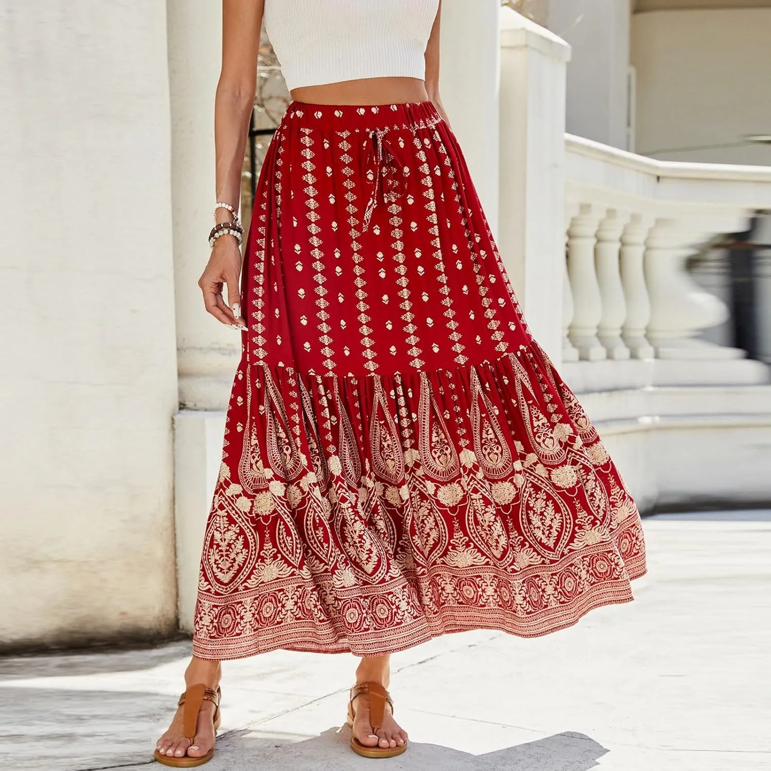 Womens Skirts,Bohemian Flowy Maxi Skirts for Women 2025 Trendy Long Boho Skirt Summer Wrap Drawstring Tiered