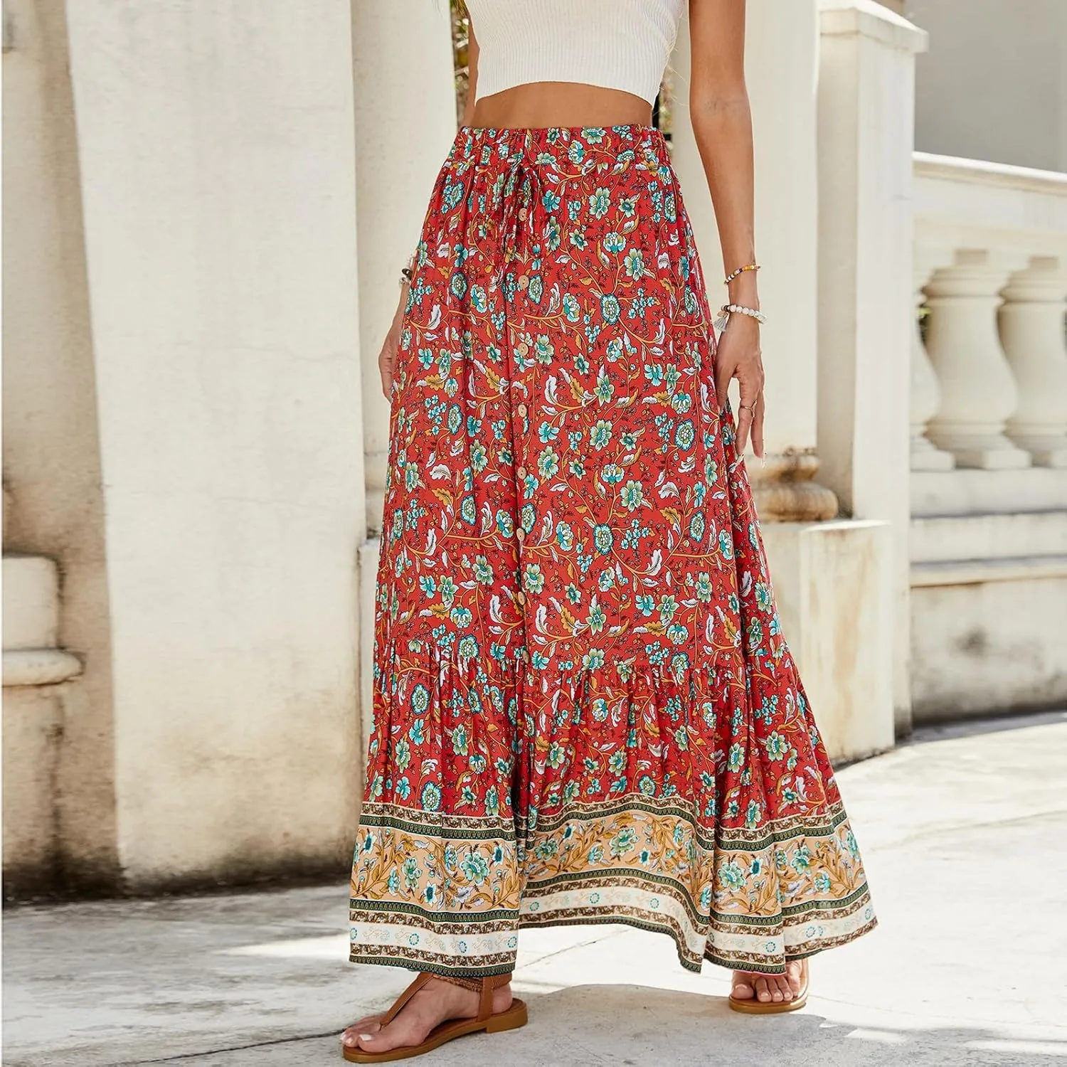 Womens Skirts,Bohemian Flowy Maxi Skirts for Women 2025 Trendy Long Boho Skirt Summer Wrap Drawstring Tiered