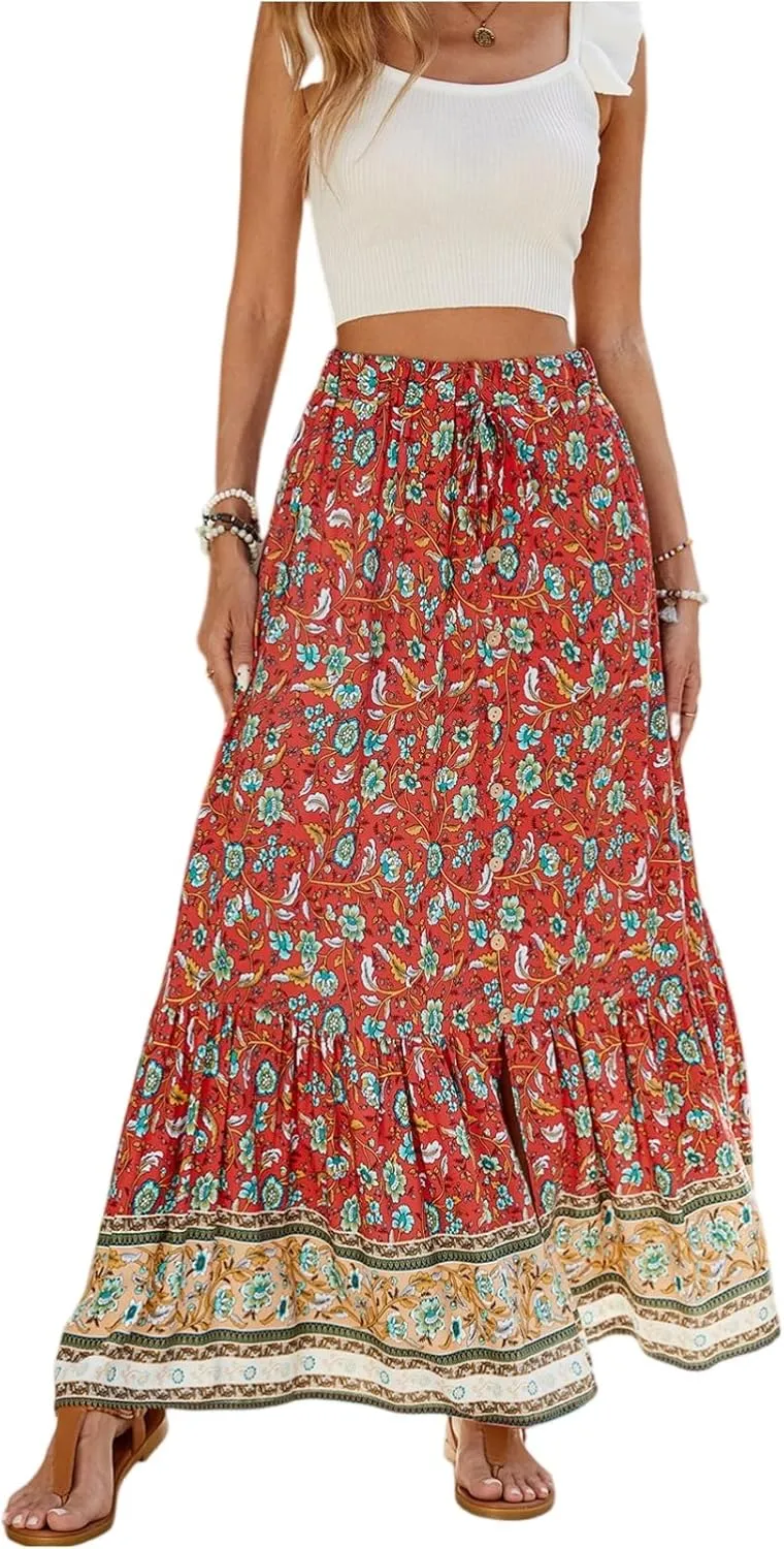 Womens Skirts,Bohemian Flowy Maxi Skirts for Women 2025 Trendy Long Boho Skirt Summer Wrap Drawstring Tiered