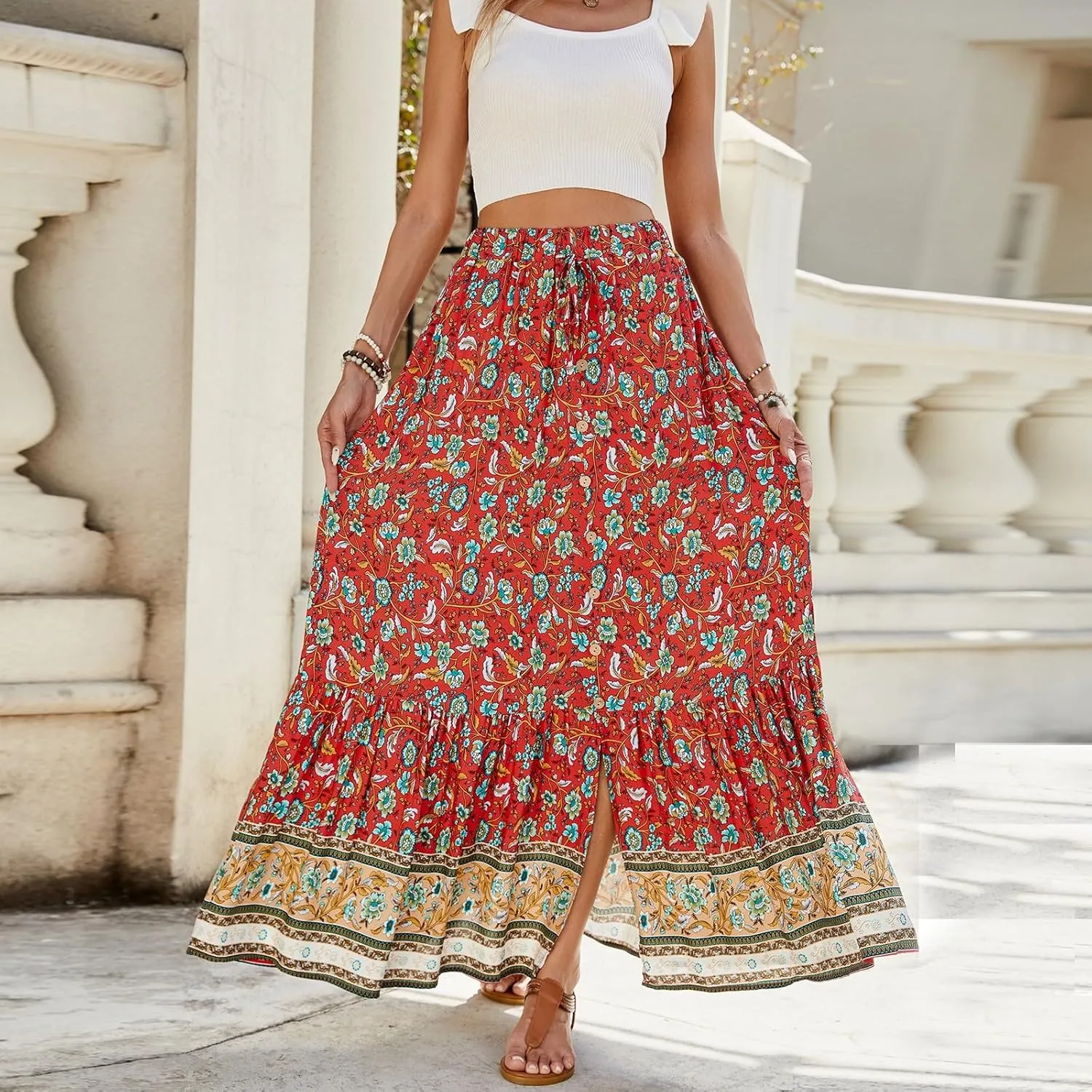 Womens Skirts,Bohemian Flowy Maxi Skirts for Women 2025 Trendy Long Boho Skirt Summer Wrap Drawstring Tiered