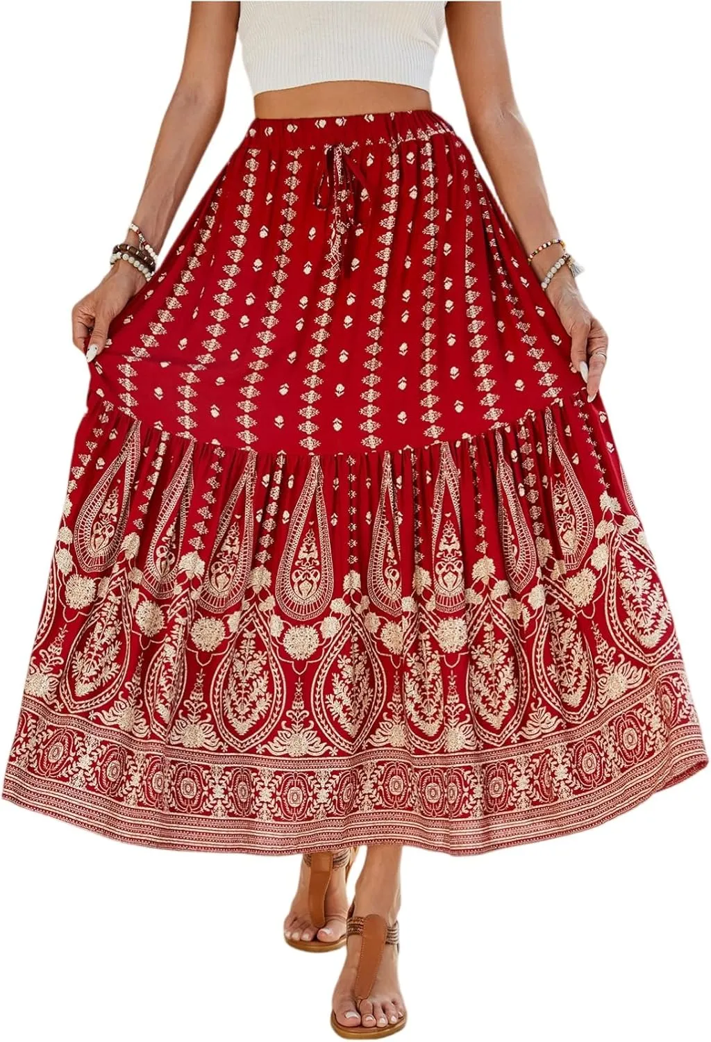 Womens Skirts,Bohemian Flowy Maxi Skirts for Women 2025 Trendy Long Boho Skirt Summer Wrap Drawstring Tiered