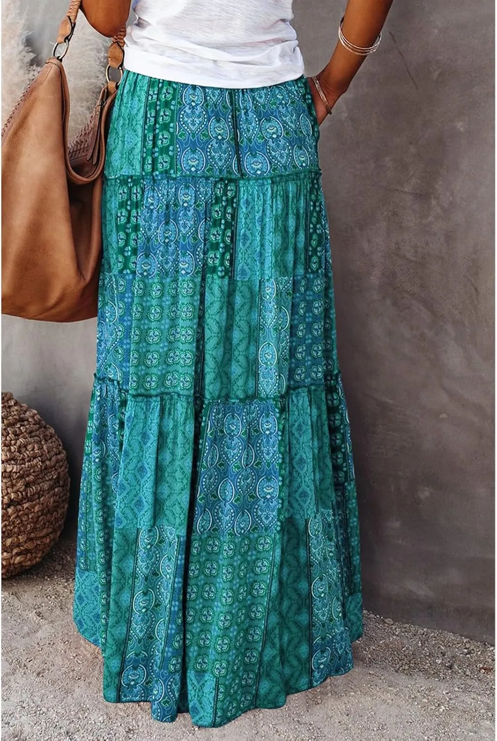 Womens Skirts,Boho Flowy Maxi Skirts for Women Trendy 2025 Summer Vacation Elastic High Waist Drawstring Ruffle Hem