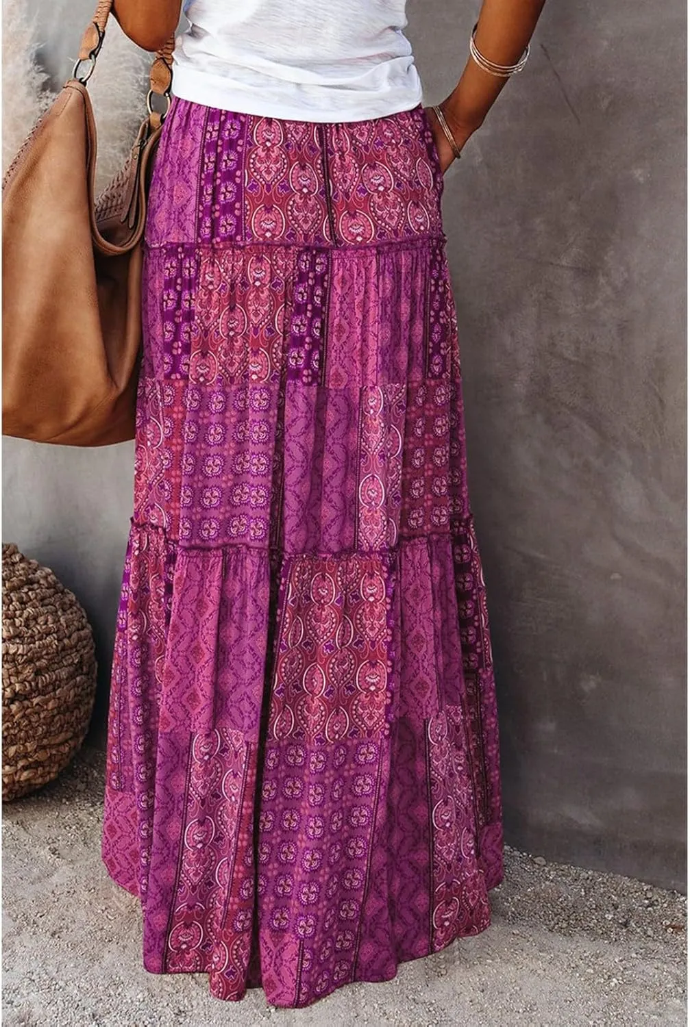 Womens Skirts,Boho Flowy Maxi Skirts for Women Trendy 2025 Summer Vacation Elastic High Waist Drawstring Ruffle Hem