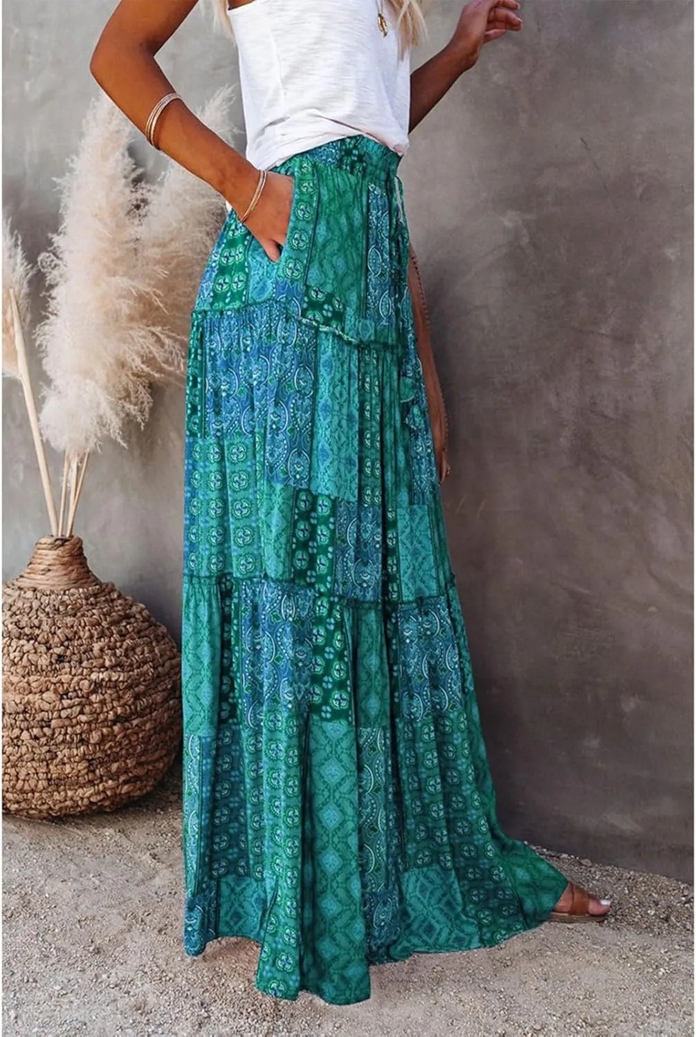 Womens Skirts,Boho Flowy Maxi Skirts for Women Trendy 2025 Summer Vacation Elastic High Waist Drawstring Ruffle Hem