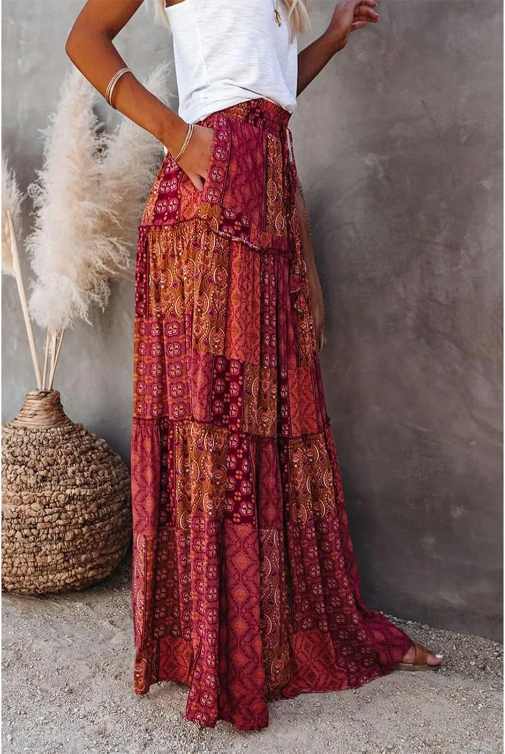 Womens Skirts,Boho Flowy Maxi Skirts for Women Trendy 2025 Summer Vacation Elastic High Waist Drawstring Ruffle Hem