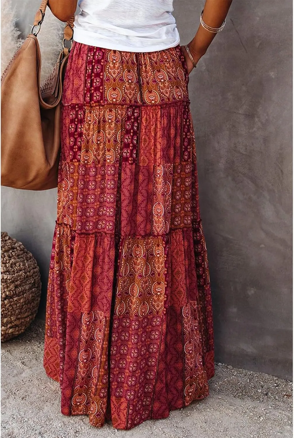 Womens Skirts,Boho Flowy Maxi Skirts for Women Trendy 2025 Summer Vacation Elastic High Waist Drawstring Ruffle Hem