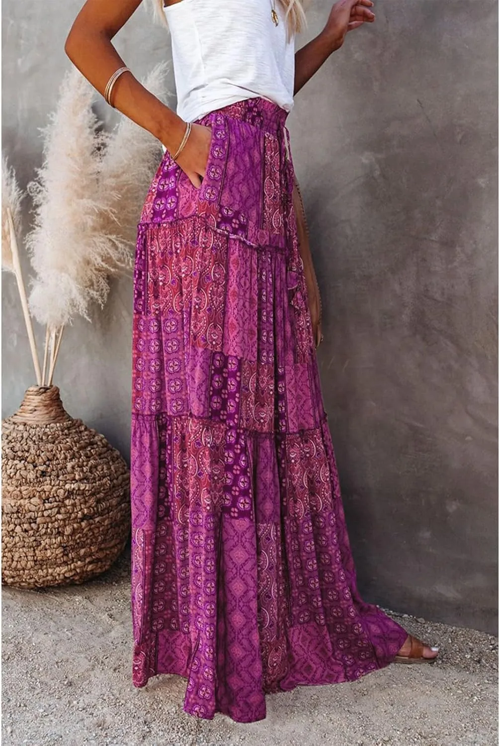 Womens Skirts,Boho Flowy Maxi Skirts for Women Trendy 2025 Summer Vacation Elastic High Waist Drawstring Ruffle Hem