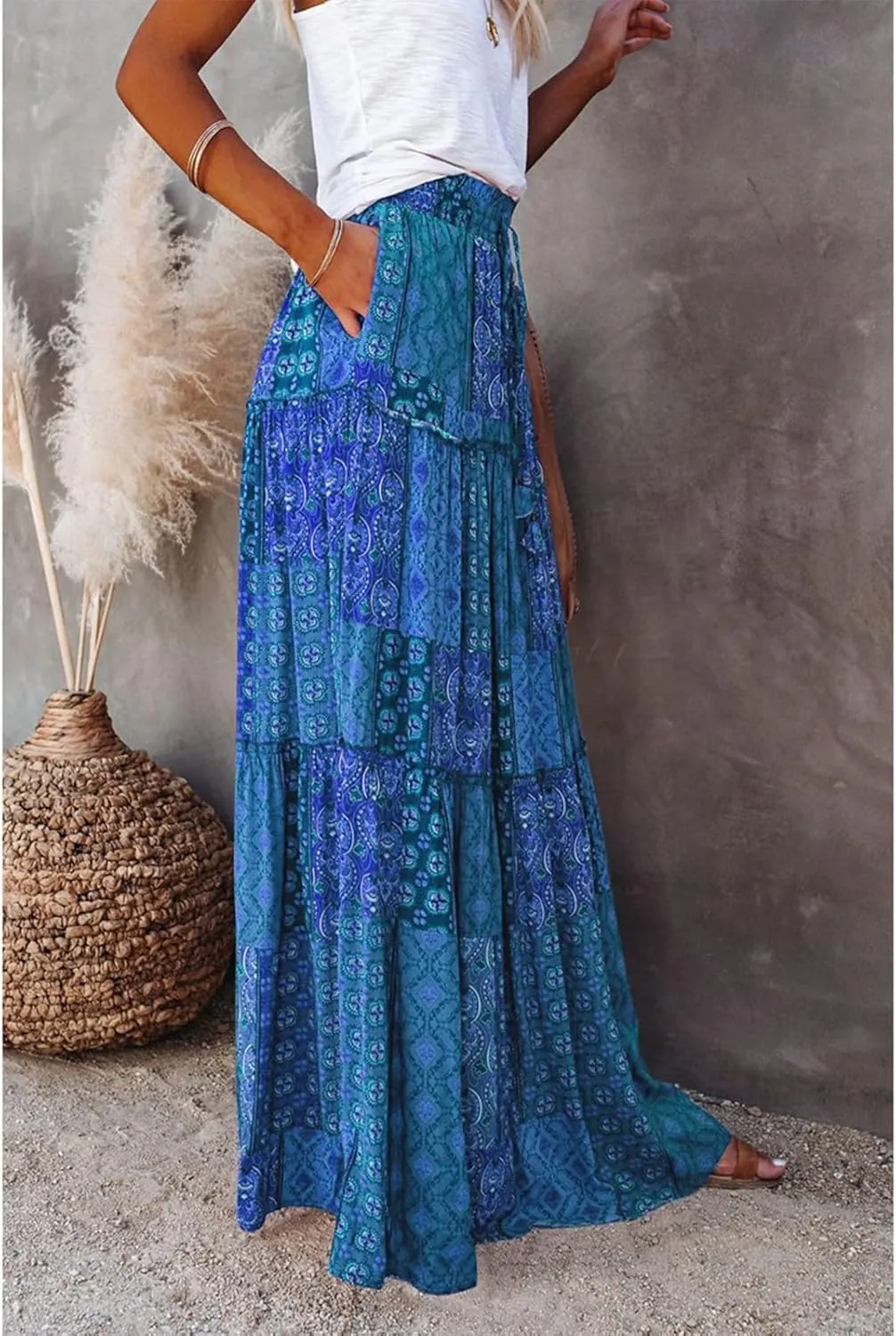 Womens Skirts,Boho Flowy Maxi Skirts for Women Trendy 2025 Summer Vacation Elastic High Waist Drawstring Ruffle Hem
