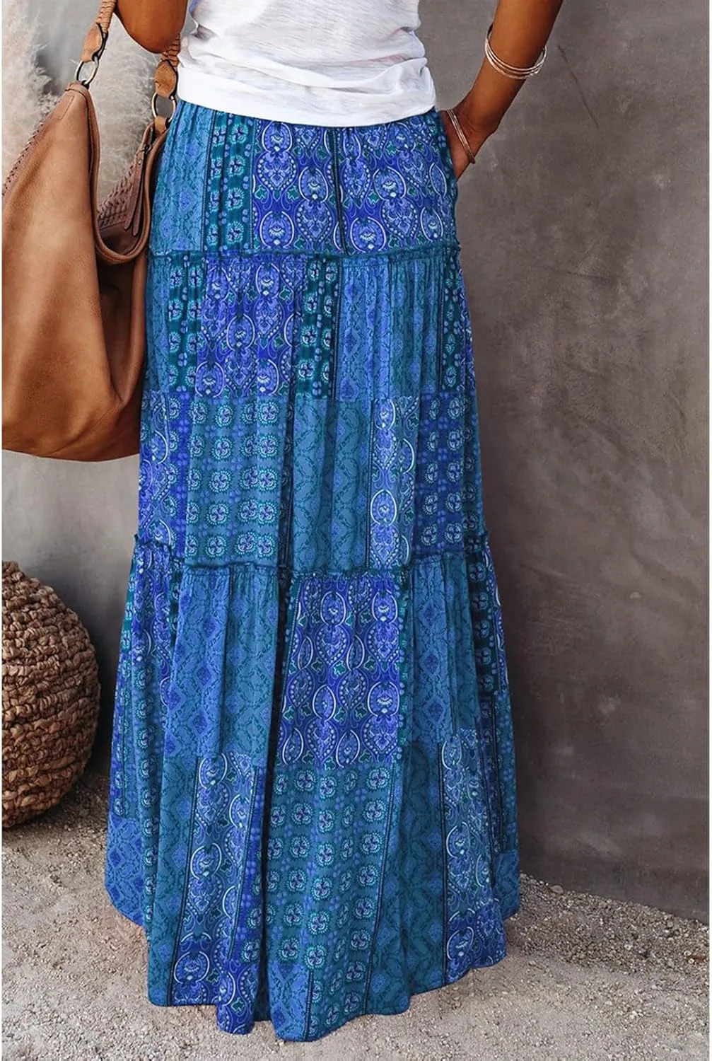 Womens Skirts,Boho Flowy Maxi Skirts for Women Trendy 2025 Summer Vacation Elastic High Waist Drawstring Ruffle Hem