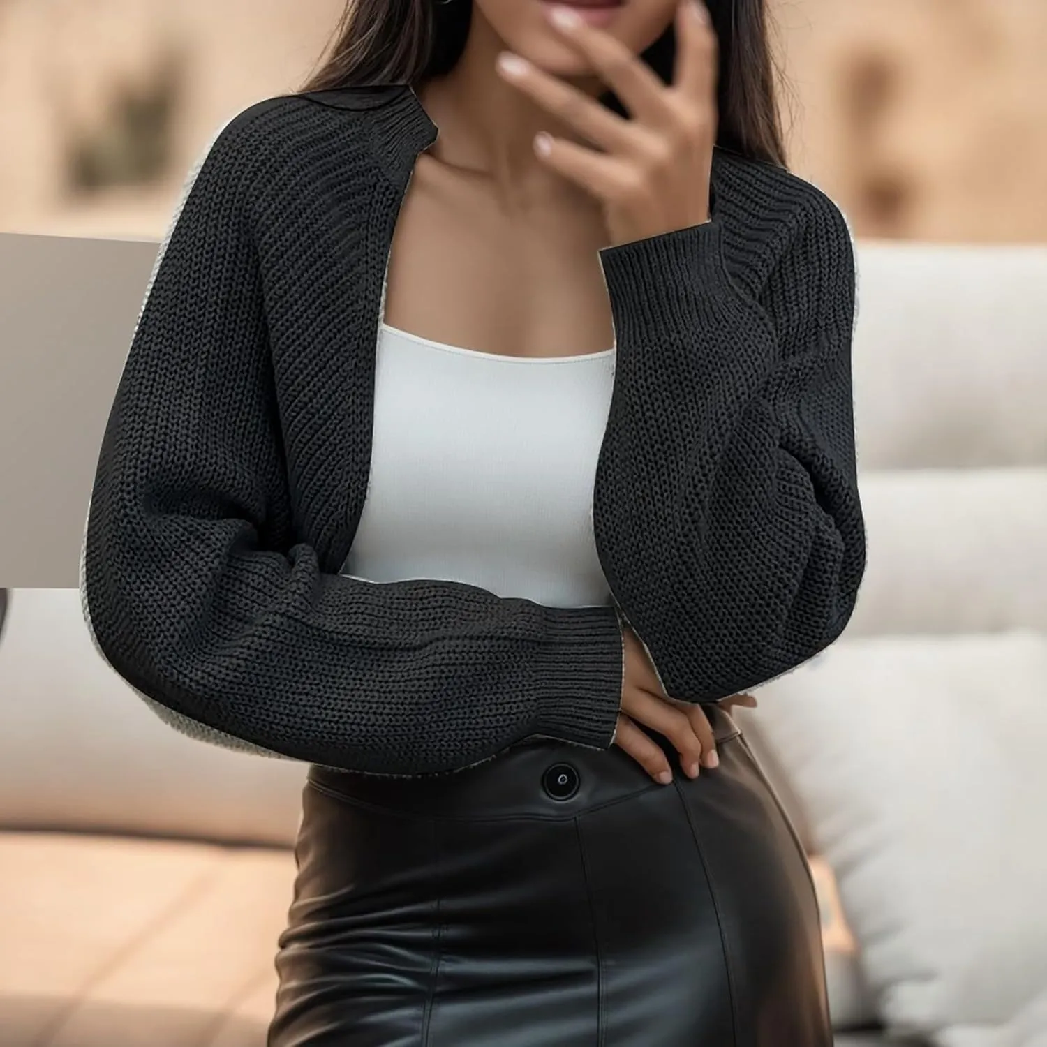 Women's Solid Color French Style Sleeve Knitted Shawl Coat Women's Short Sweater Cardigan Cardigans for Women