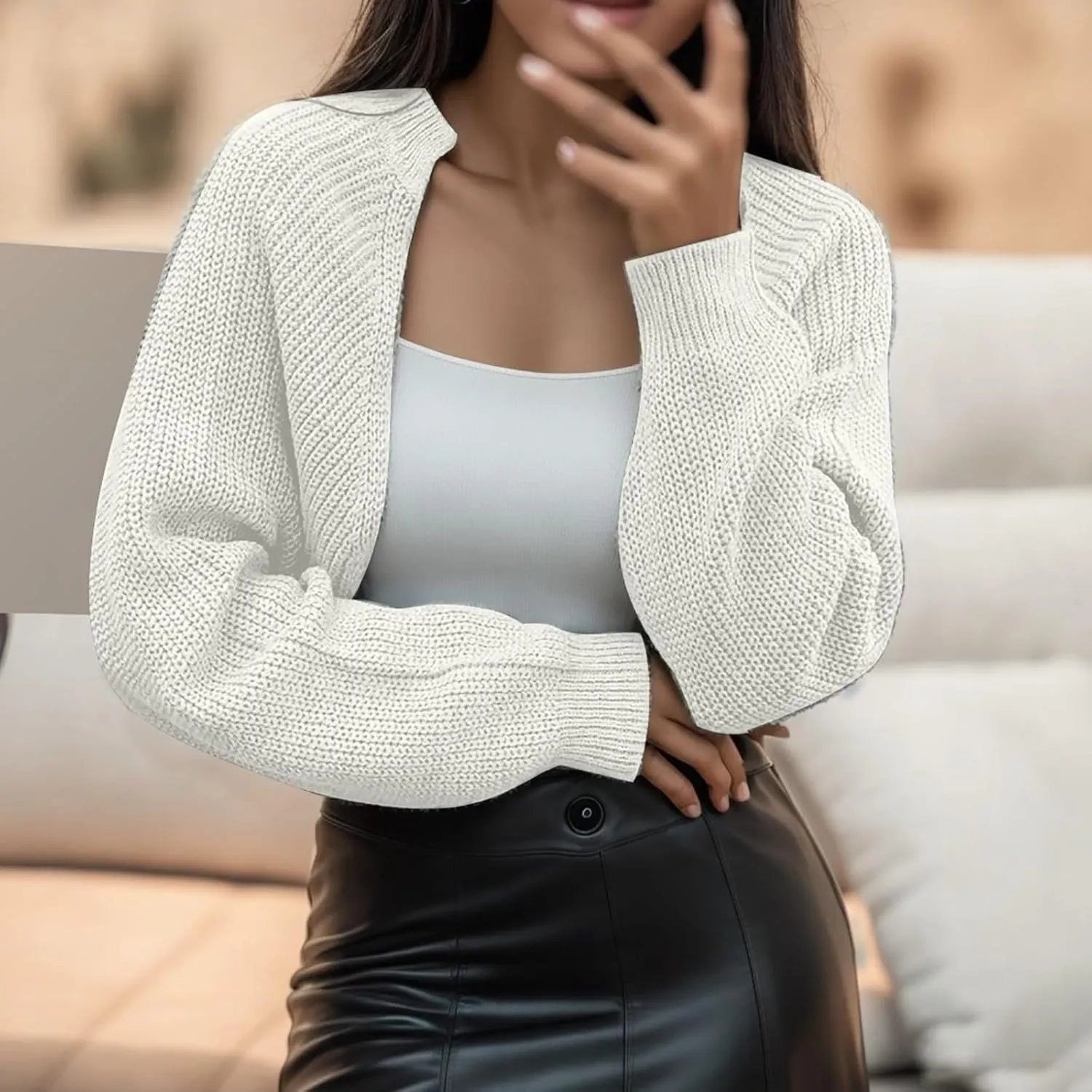 Women's Solid Color French Style Sleeve Knitted Shawl Coat Women's Short Sweater Crop Sweaters for Women