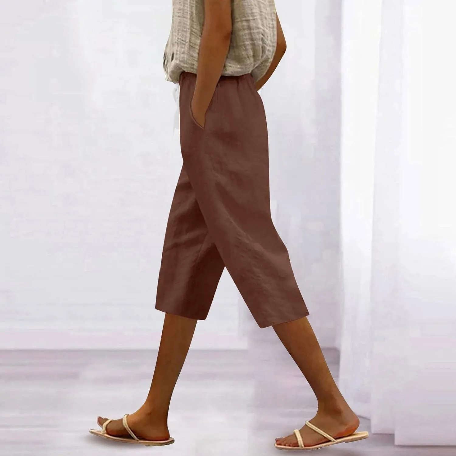 Womens Summer Bermuda Linen Shorts Knee Length Lightweight Loose Summer Casual Shorts with Pockets