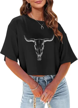 Women's Summer Cropped T Shirts Funny Rock and Roll Country Music Graphic Print tees Short Sleeve Casual Crop Tops