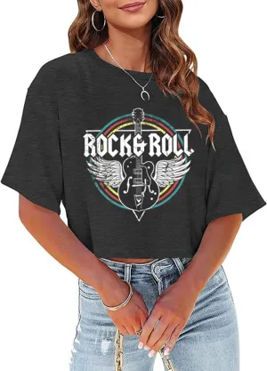 Women's Summer Cropped T Shirts Funny Rock and Roll Country Music Graphic Print tees Short Sleeve Casual Crop Tops