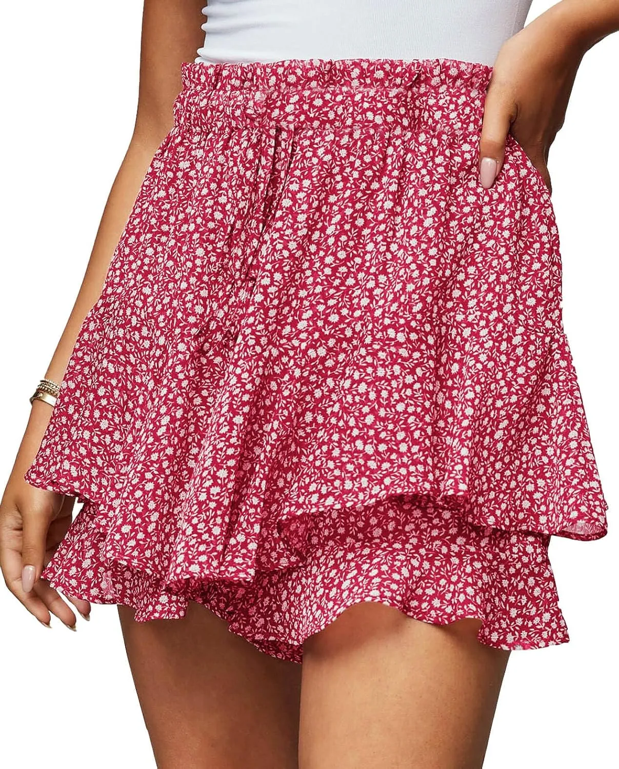 Women's Summer Floral Ruffle Hem Skirt Shorts Elastic High Waist Layered Tiered Boho Mini Skorts Skirts