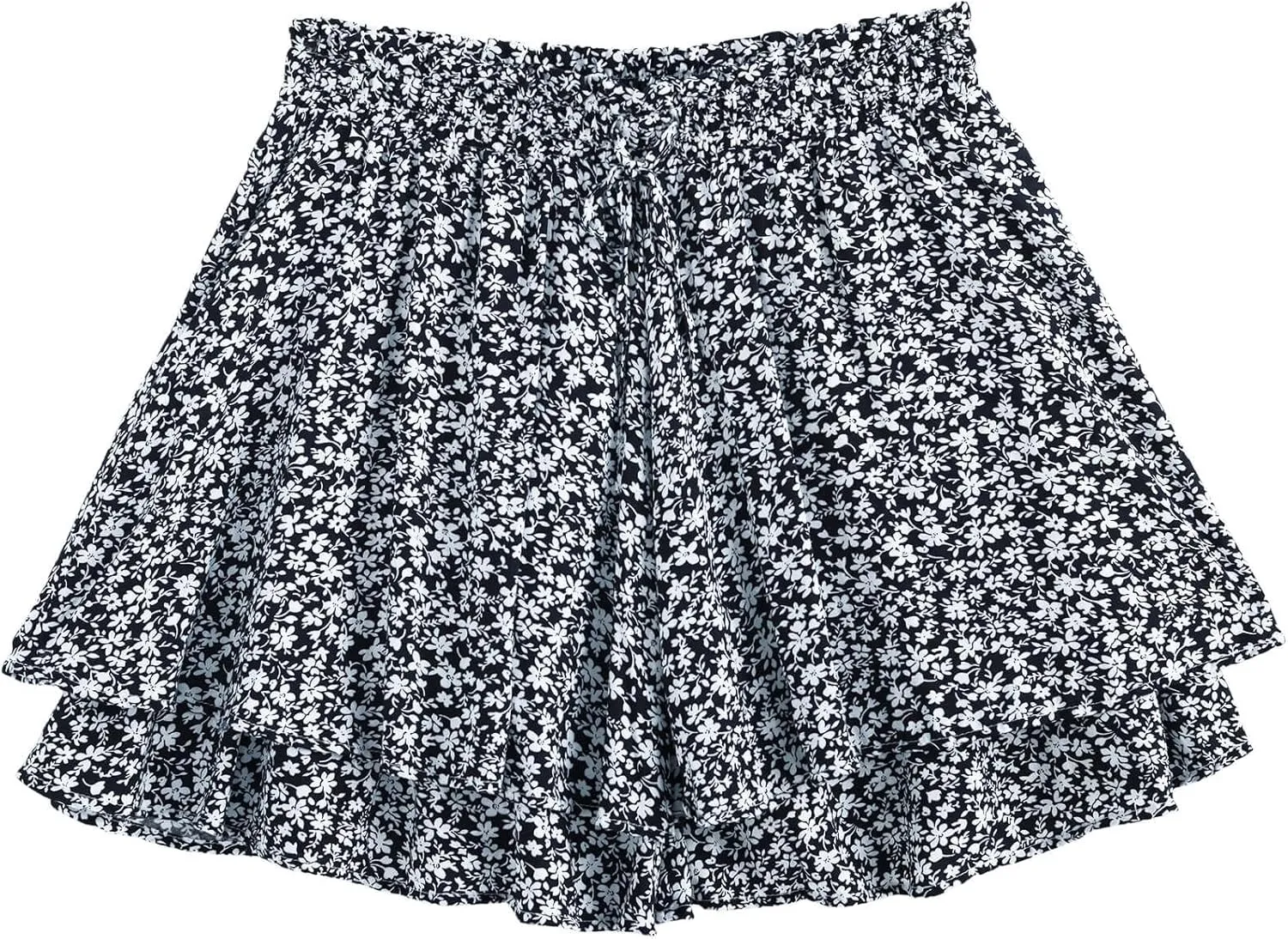 Women's Summer Floral Ruffle Hem Skirt Shorts Elastic High Waist Layered Tiered Boho Mini Skorts Skirts