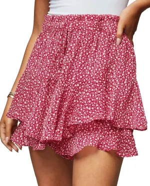 Women's Summer Floral Ruffle Hem Skirt Shorts Elastic High Waist Layered Tiered Boho Mini Skorts Skirts