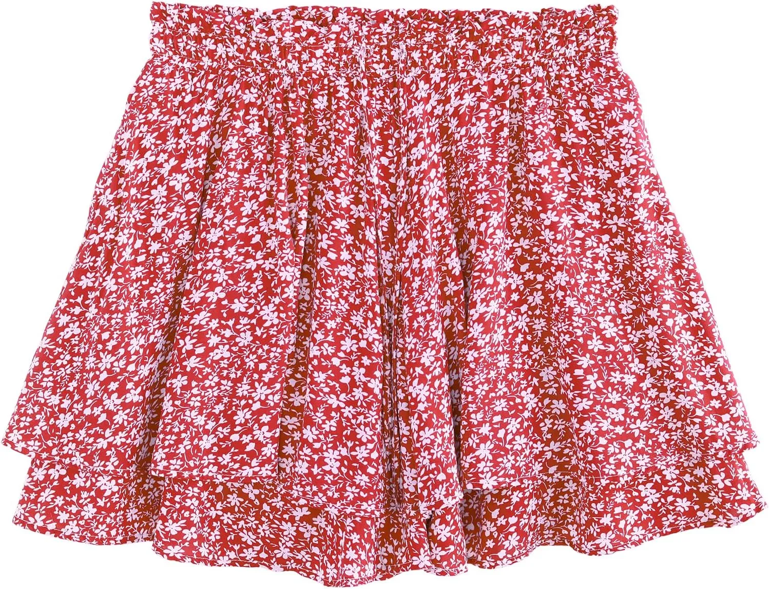 Women's Summer Floral Ruffle Hem Skirt Shorts Elastic High Waist Layered Tiered Boho Mini Skorts Skirts