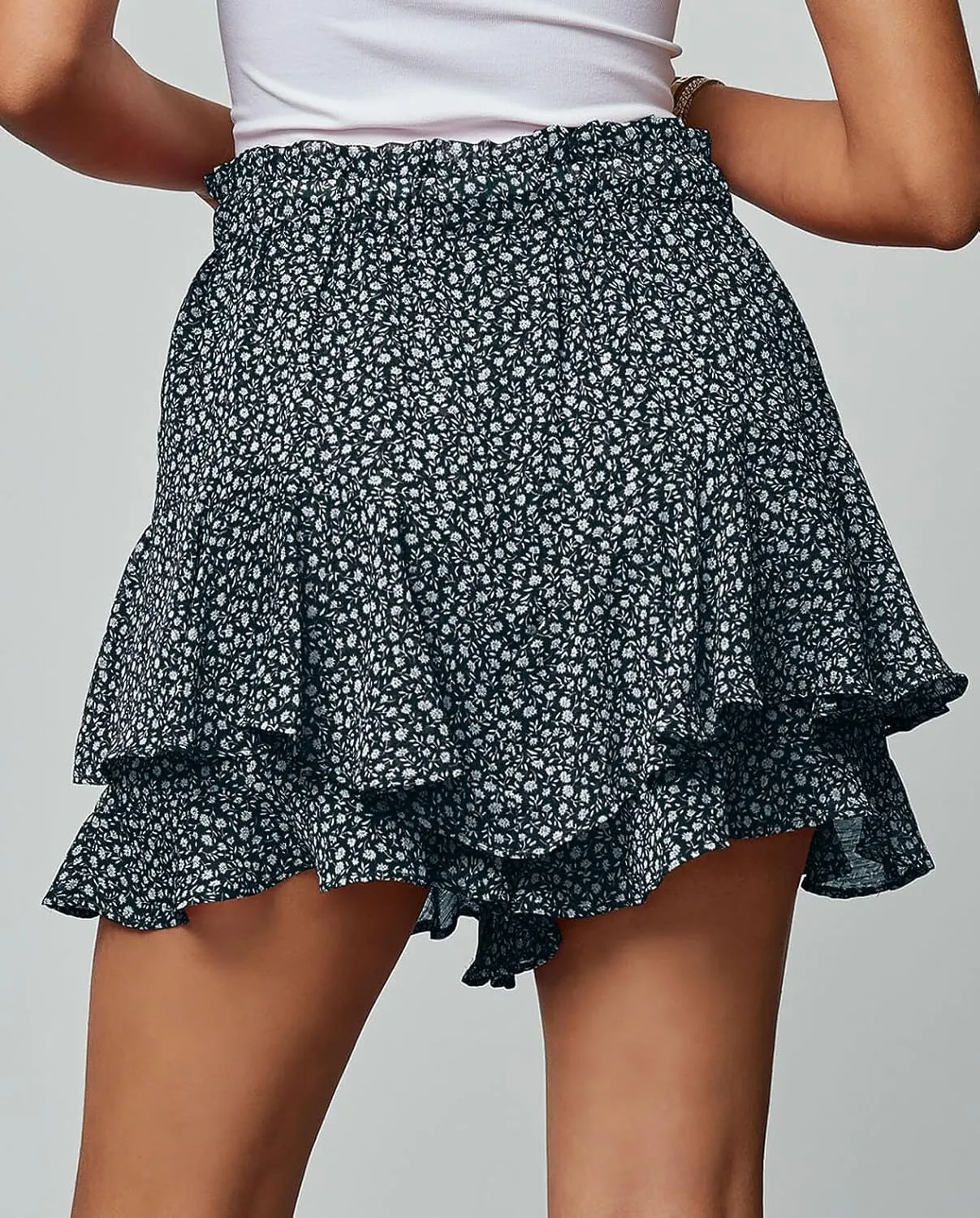 Women's Summer Floral Ruffle Hem Skirt Shorts Elastic High Waist Layered Tiered Boho Mini Skorts Skirts