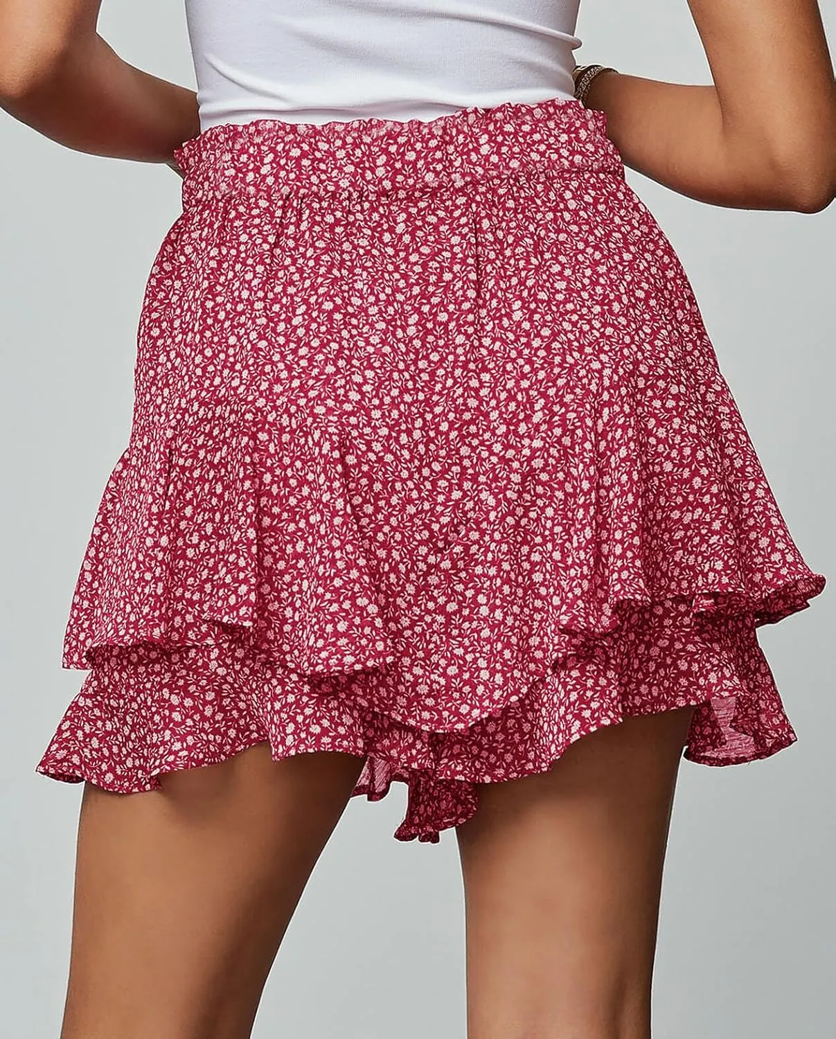 Women's Summer Floral Ruffle Hem Skirt Shorts Elastic High Waist Layered Tiered Boho Mini Skorts Skirts
