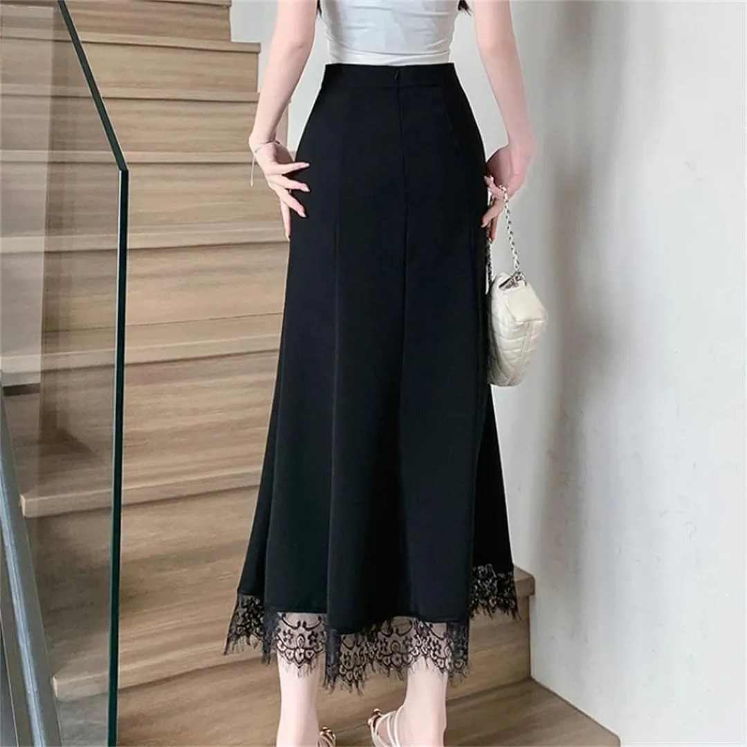 Women's Summer Lace Patchwork Wrap High Waist Elegant A-Line Skirt