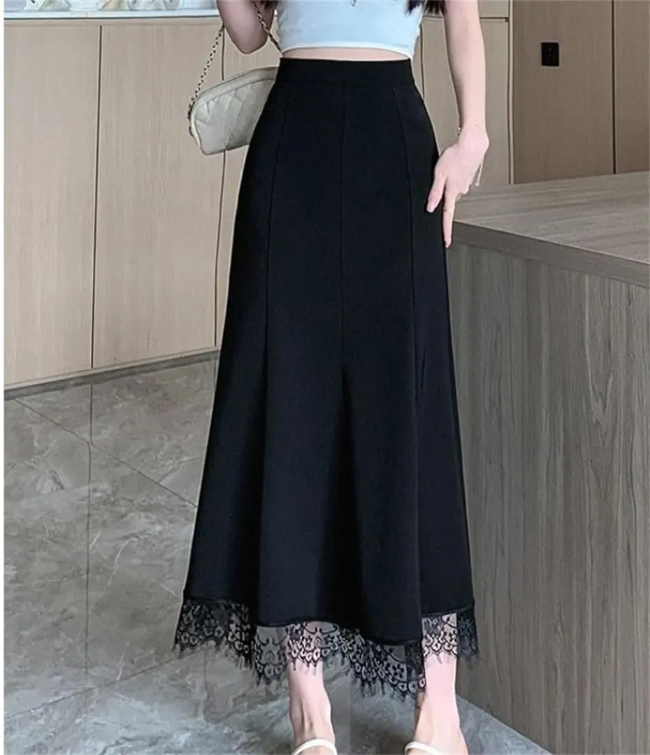 Women's Summer Lace Patchwork Wrap High Waist Elegant A-Line Skirt
