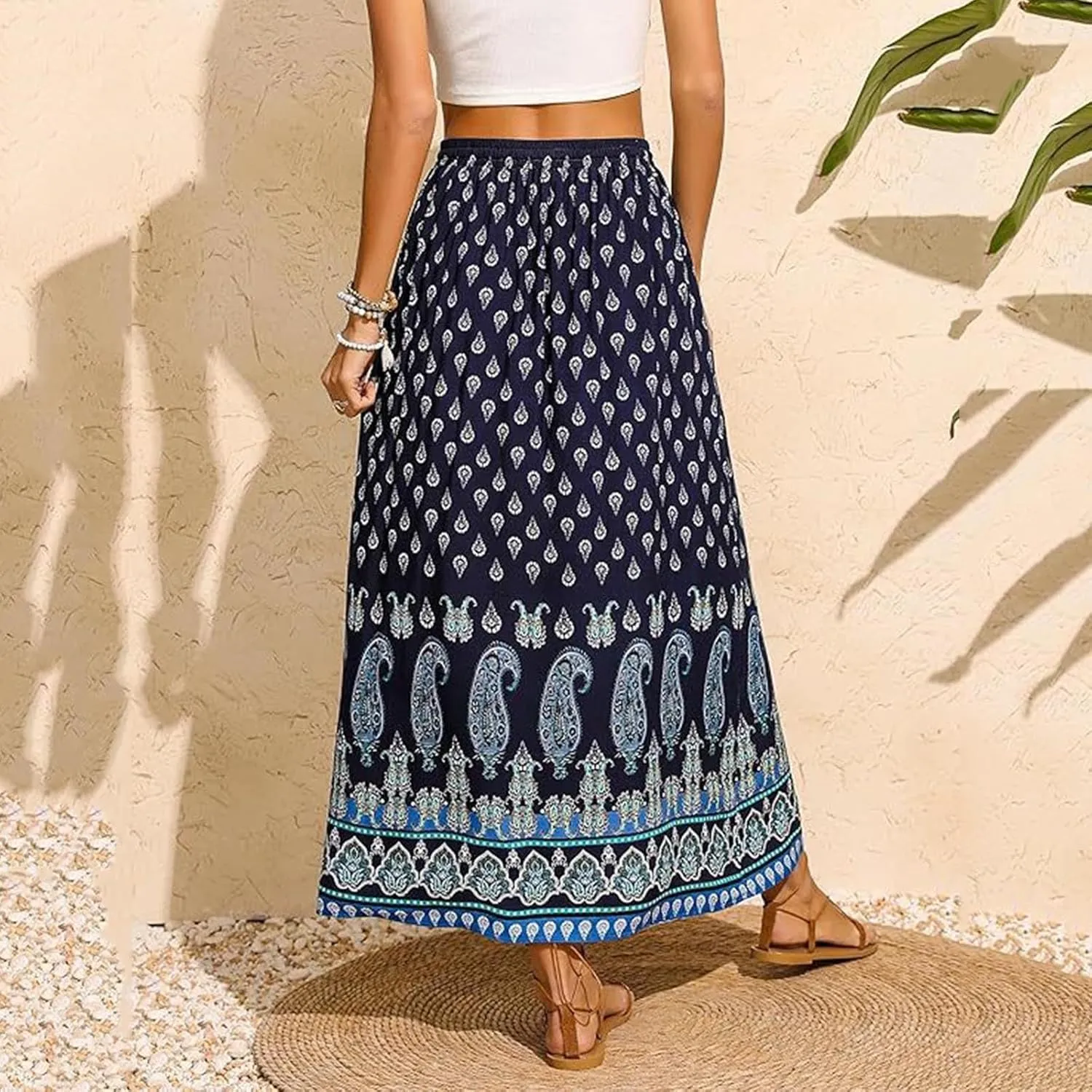 Women's Summer Maxi Boho Ethnic Floral Printed Skirt Elegant Elastic High Waist Tiered A-Line Flowy Long Beach Skirts