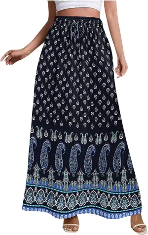 Women's Summer Maxi Boho Ethnic Floral Printed Skirt Elegant Elastic High Waist Tiered A-Line Flowy Long Beach Skirts