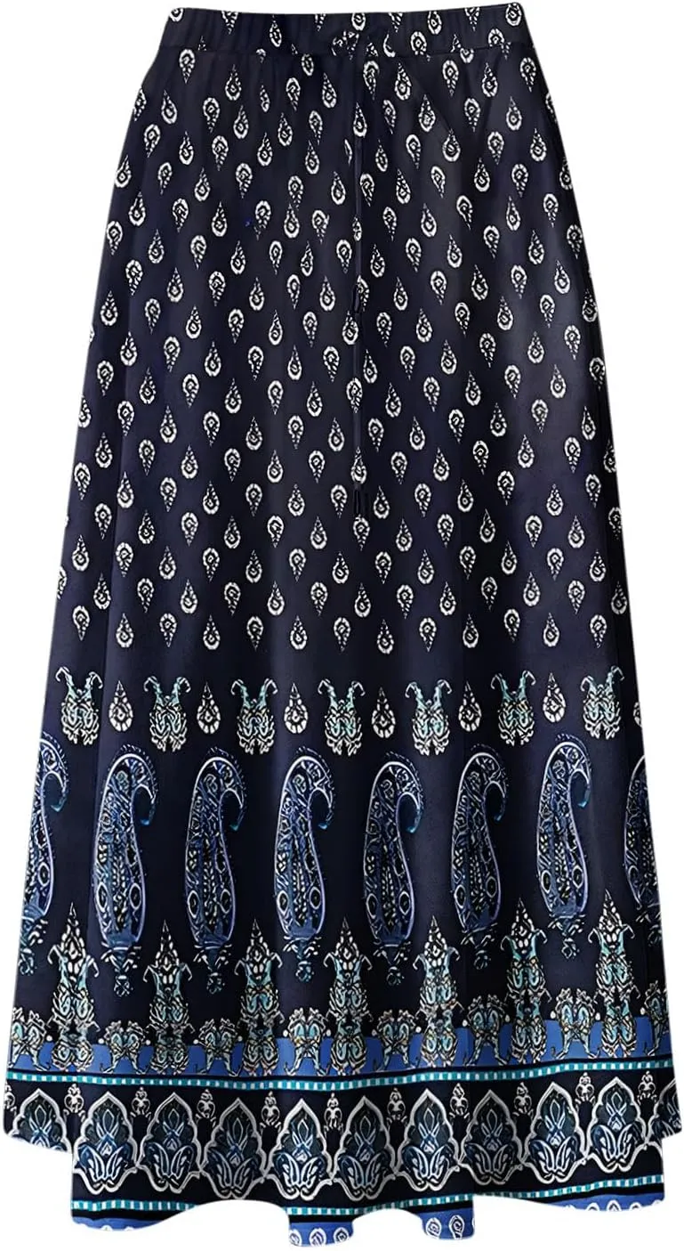Women's Summer Maxi Boho Ethnic Floral Printed Skirt Elegant Elastic High Waist Tiered A-Line Flowy Long Beach Skirts