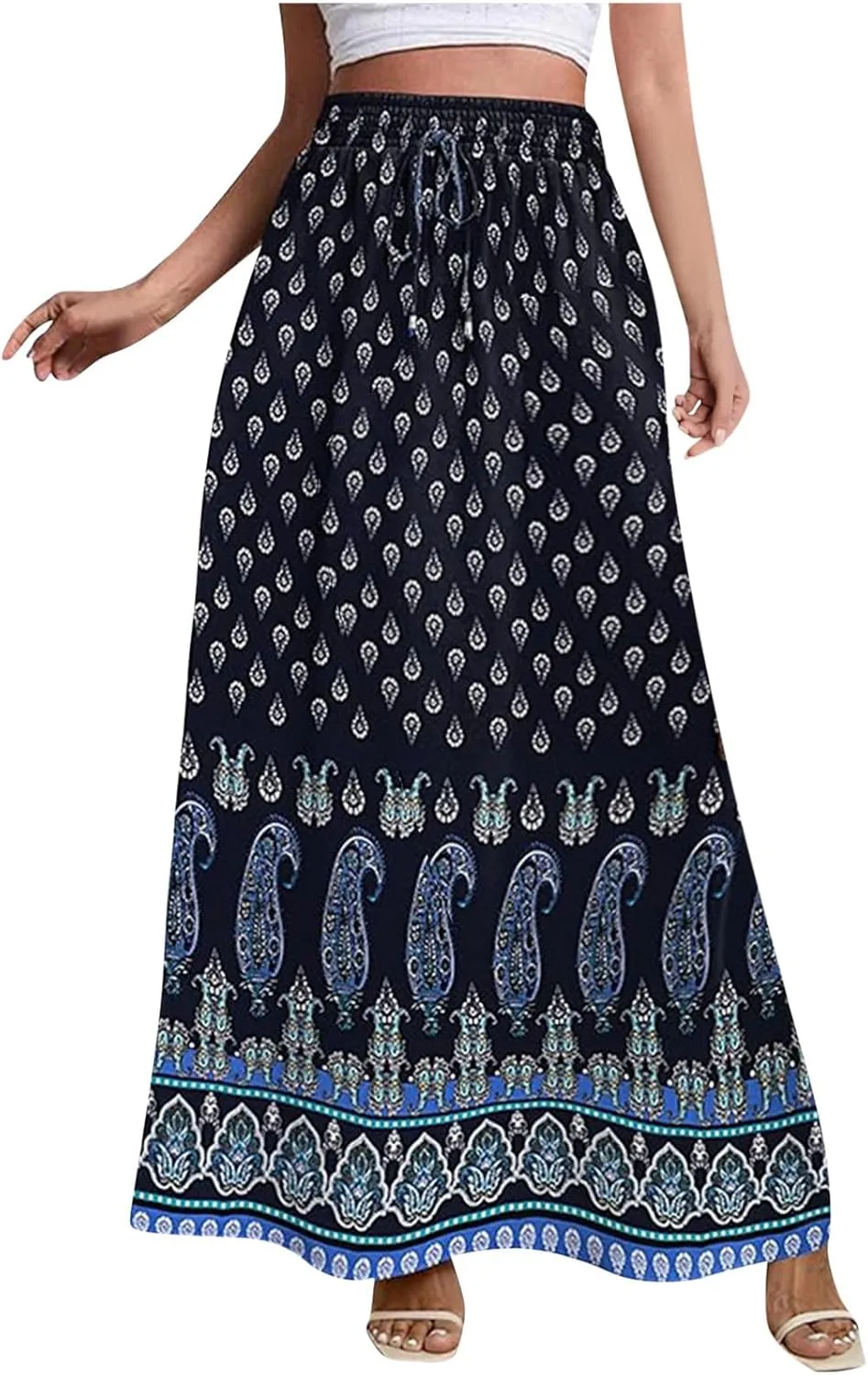 Women's Summer Maxi Boho Ethnic Floral Printed Skirt Elegant Elastic High Waist Tiered A-Line Flowy Long Beach Skirts