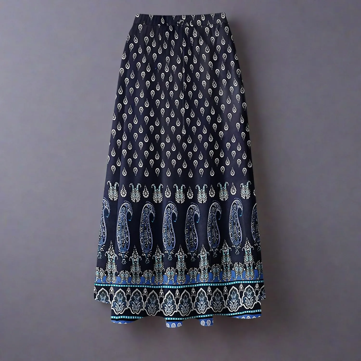 Women's Summer Maxi Boho Ethnic Floral Printed Skirt Elegant Elastic High Waist Tiered A-Line Flowy Long Beach Skirts