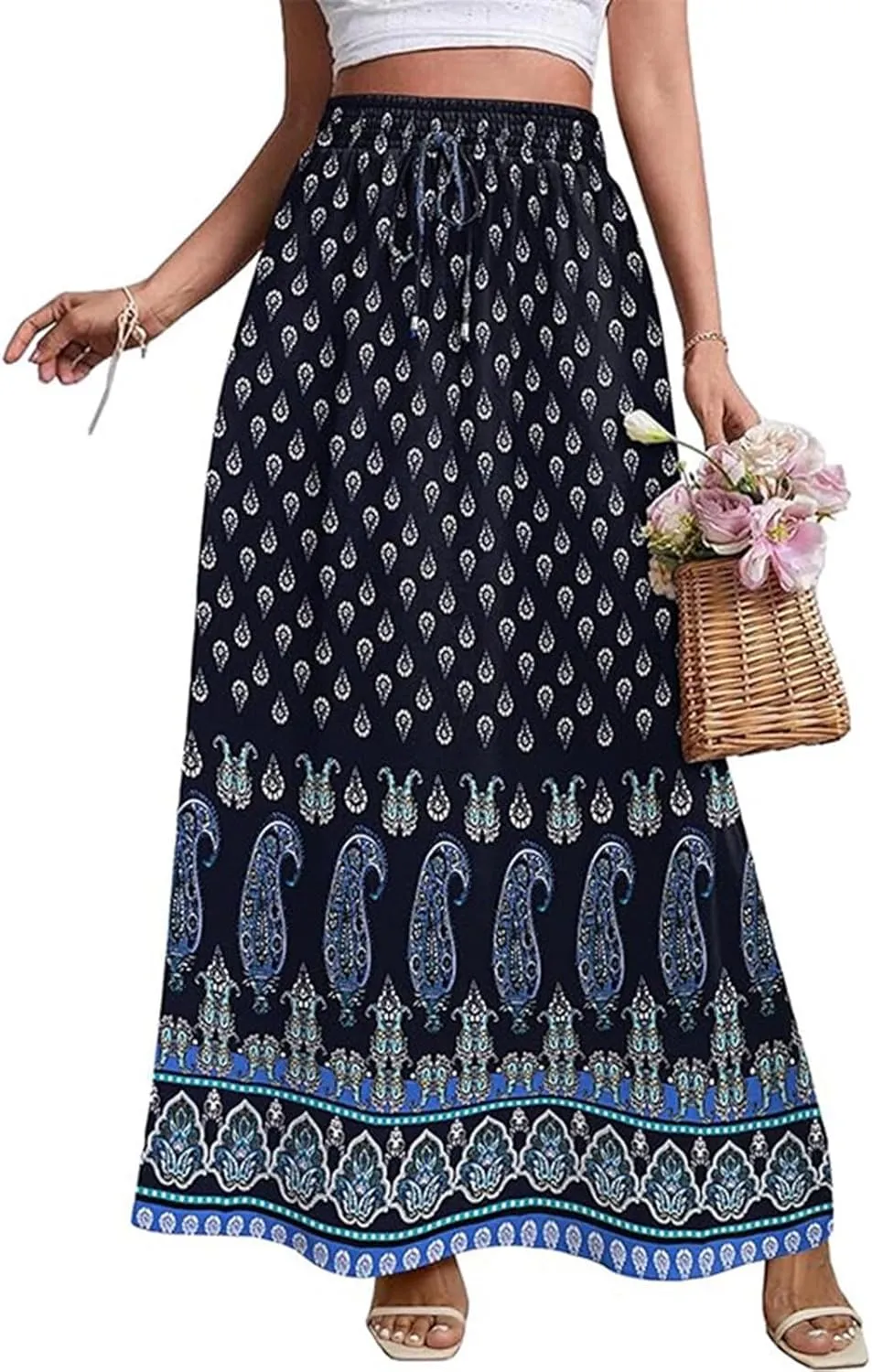 Women's Summer Maxi Boho Ethnic Floral Printed Skirt Elegant Elastic High Waist Tiered A-Line Flowy Long Beach Skirts