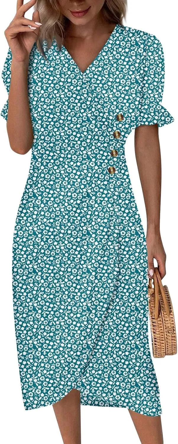 Women's Summer Wrap Dress Floral Print Button V-Neck Polka Dot Dress Short Sleeve Ruffled Aline Midi Sundress